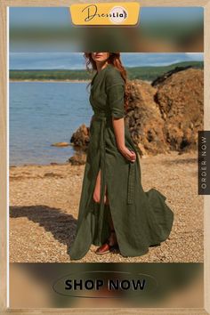 Women Vintage Party Dress Long Sleeve V Neck Office Lady Dress Autumn New Fashion Casual Dress Fitted A-line Long Sleeve Summer Dress, Non-stretch Summer Shirt Dress, Non-stretch Long Beach Dresses, Non-stretch Long Sleeve Maxi Beach Dress, Non-stretch Long Sleeve Maxi Dress For Beach, Casual Belted Maxi Dress For Date Night, Fitted V-neck Shirt Dress For The Beach, Green Solid Color Shirt Dress For Summer, Summer Green Solid Color Shirt Dress