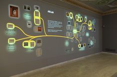 a large wall with many pictures on it in a museum or office building, showing the various cell phones that are connected to each other