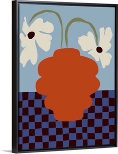 an orange vase with white flowers on a checkered tablecloth background framed canvas print