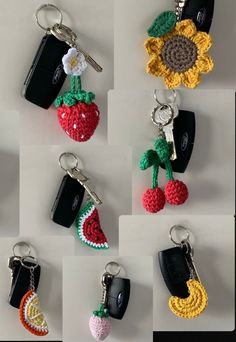 six different key chains with crocheted fruits and vegetables on them