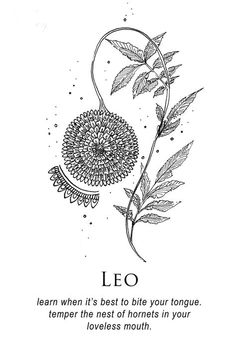 an ink drawing of a flower with the words leo written in black and white on it