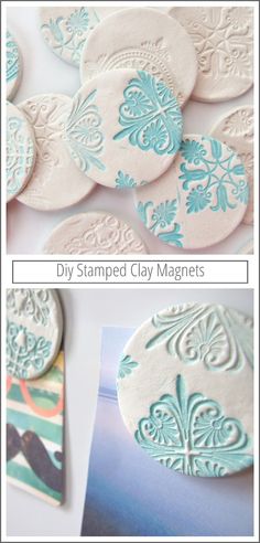 some white and blue decorated clay magnets