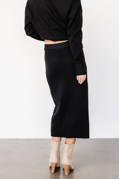 Pairs with our Laurent Sweater in Black Classic black color Soft knit material has slight stretch Ribbed waistband Midi-length skirt Fitted through the hips Unlined 52% Viscose, 28% Polyester, 20% Nylon Skye is 5'9, cup size 32A, size 0 and wearing size S Baltic Born, Midi Length Skirts, Skirt Fits, Cup Size, Knit Skirt, Knitting Materials, Skirt Black, Soft Knits, Midi Length