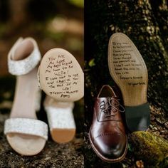 wedding shoes with writing on them sitting next to a tree and the bride's handwritten poem