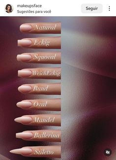 Bailarina Nail Shape, Nails Design Names, Nails Sizes Shape Chart, Shapes Of Nail Extensions, Nail Shapes And Names, Flair Nails Shape, Fake Nails Inspiration, Nail Ideas Extensions, Neutral Professional Nails