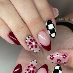 Fall Colorful Nails, Subtle Goth Nails, Funky Nails Fall, Checkered Valentines Nails, Fun Nail Ideas Creative, Mix And Match Nails Design, Cute Red Nail Designs, Red Checkered Nails, Fun Valentines Nails