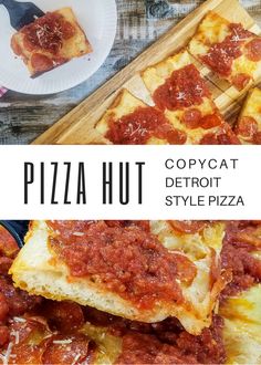 pizza hut copycat detroit style pizza on a cutting board with text overlay that reads copycat detroit style pizza