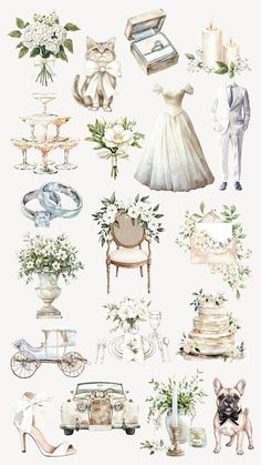 a bunch of wedding items are arranged on a white background