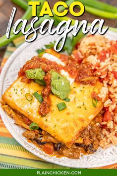 taco lasagna on a plate with rice and green beans