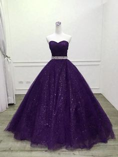 Shiny Purple Tulle Beaded Ball Gonw Party Dress Formal Dresses Purple, Purple Sweet 16 Dresses, Purple Sweet 16, Long Black Evening Dress, Purple Prom, Blue Party Dress, Floor Length Prom Dresses, Satin Evening Dresses