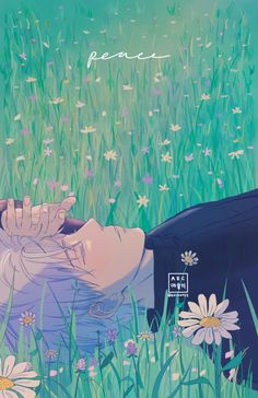 a painting of a person laying in the grass with daisies on their chest and head