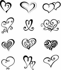 a set of nine hearts with swirls and curls on them, all drawn in black ink