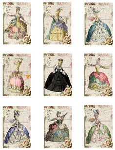 six different pictures of women in dresses with flowers and birds on them, each one has an image of a woman's dress