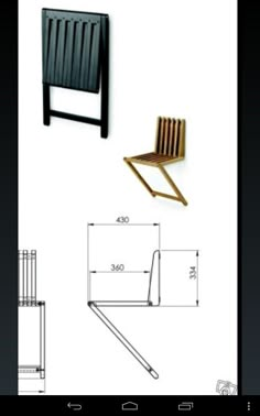 an image of a chair with measurements on the back and side, as well as other furniture