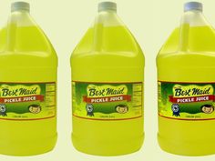 three gallon jugs of best maid pickle juice are shown in this illustration image