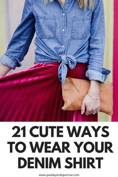 Here are 21 outfit ideas for how to wear a denim shirt! Chambray shirt outfit ideas that you can copy today. Shirt And Sneakers Outfit, Chambray Shirt Outfit, Maroon Pants Outfit, Chambray Shirt Outfits, Blue Collared Shirt, Shirt Outfit Ideas, Denim Shirt Outfit, Denim Shirt Style, Maroon Pants