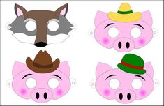 three pig masks with different hats on them