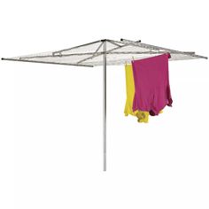 two towels hanging on a clothes line with one yellow and the other pink in color