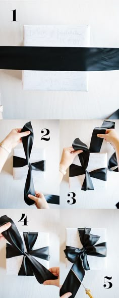 the instructions for how to make a bow out of wrapping paper with ribbon and scissors