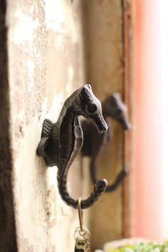 two seahorse hooks on the side of a wall