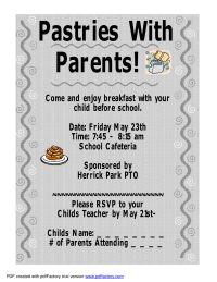 a flyer for pastries with parents to be served at the children's school