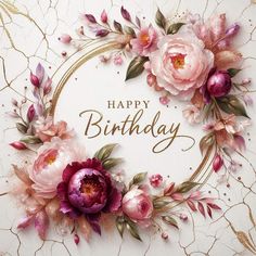 a happy birthday card with pink flowers and gold foil lettering on a white background that reads, happy birthday