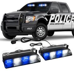 the police truck has two lights on it's bed and is blue with white letters