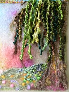 a close up of a piece of art made out of felt and yarn with beads hanging from it