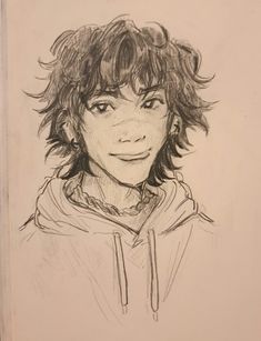 a pencil drawing of a person with curly hair and hoodie looking at the camera