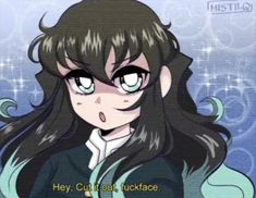 an anime character with long black hair and green eyes is looking at the camera while she has