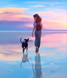 a woman is walking with her dog on the beach at sunset or sunrise, and there is no image here to provide a caption for