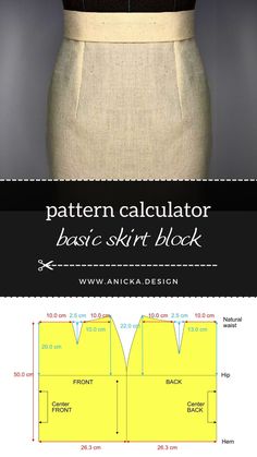 Basic pattern block calculator image. Skirt Block Pattern, Basic Skirt Pattern, Pattern Drafting Bodice, Skirt Pattern Easy, Pattern Making Tutorial, Sewing Patterns Skirt, Pattern Drafting Tutorials