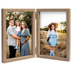 an open photo book with two pictures of people in the middle and one is holding a child