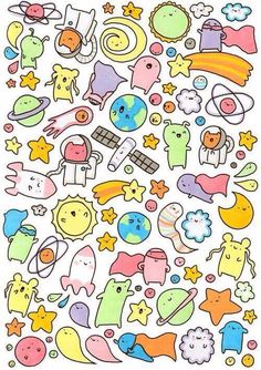 an assortment of colorful stickers on a white background with stars, clouds and other objects