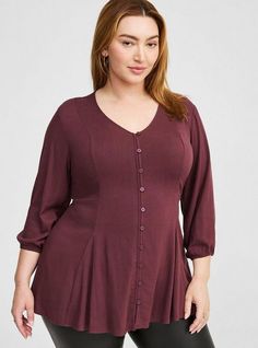 FIT Model is 5'9” wearing size 1. Measures 32” from shoulder (size 2). MATERIALS + CARE Rayon Slub woven fabric: A soft, linen-like feel that drapes perfectly on the body with a touch of stretch. Perfect for when you want to be polished but comfy at the same time. . Stretch level: Medium. . 98% rayon, 2% spandex. . Machine wash cold. Line dry. . Imported. DETAILS V-shaped neckline. . 3/4 length sleeves. Cinched waist. The best plus size women's Fit and Flare Rayon Slub Button Up Top Tops in sass Black Beachwear, Oversized Shacket, Sheer Shorts, Shoes For Leggings, Button Up Top, Running Tops, Sweaters And Jeans, Dress With Cardigan