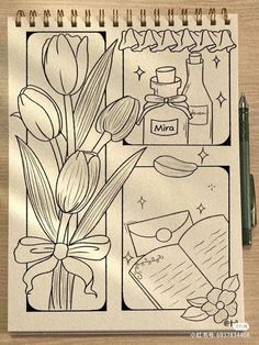 a coloring book with flowers and bottles on it