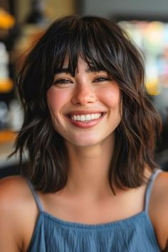 Women Bangs Haircut, Medium Length Haircut With Bangs For Fine Hair, Long Choppy Bob With Bangs, Long Textured Bob With Bangs, Short Bangs With Layers, Textured Curtain Bangs, Lob Haircut Bangs, Textured Hair With Bangs, Choppy Bob Hairstyles Shoulder Length