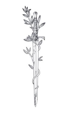 a drawing of a knife and some leaves on a branch with a snake wrapped around it