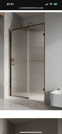 two images show the same bathroom with different fixtures and finishes, but one has an open shower door