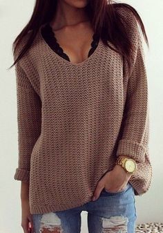 Coffee Plain Hollow-out V-neck Long Sleeve Loose Vintage Casual Pullover Sweater Casual Pullover Sweater, Vogue Knitting, Fall Clothes, Mode Inspiration, Casual Pullover, Street Styles