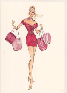 a drawing of a woman in a red dress with shopping bags on her shoulder and legs