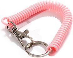 a pink keychain with a metal hook