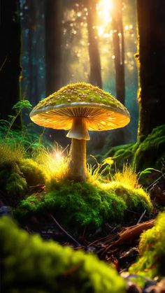 a mushroom sitting in the middle of a forest with sunlight coming through it's leaves