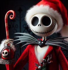 a skeleton dressed up as jack skellingy holding a bell and a christmas ornament