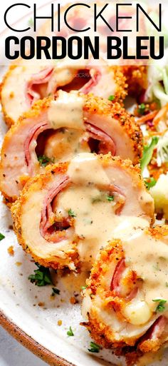 chicken cordon bleu on a white plate