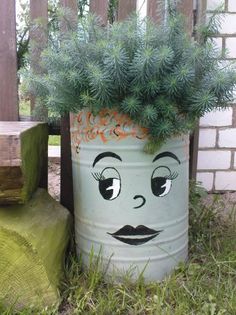 a potted plant with a face painted on it