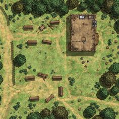 an aerial view of a farm area with trees and hay bales in the foreground