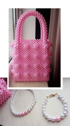 Aesthetic Bags, Pink Tote Bags, Pearl Bag, Pink Handbags, Pink Tote, Pink Acrylics, Handmade Purses, Vintage Pearls, Day Bag