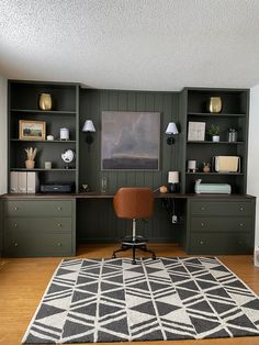 a living room with green bookcases and an area rug