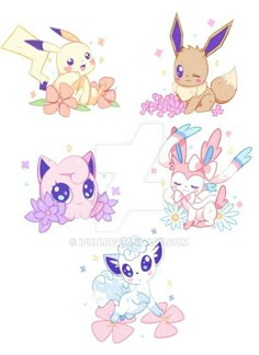 four different types of pokemon stickers on a white background with pink and blue flowers